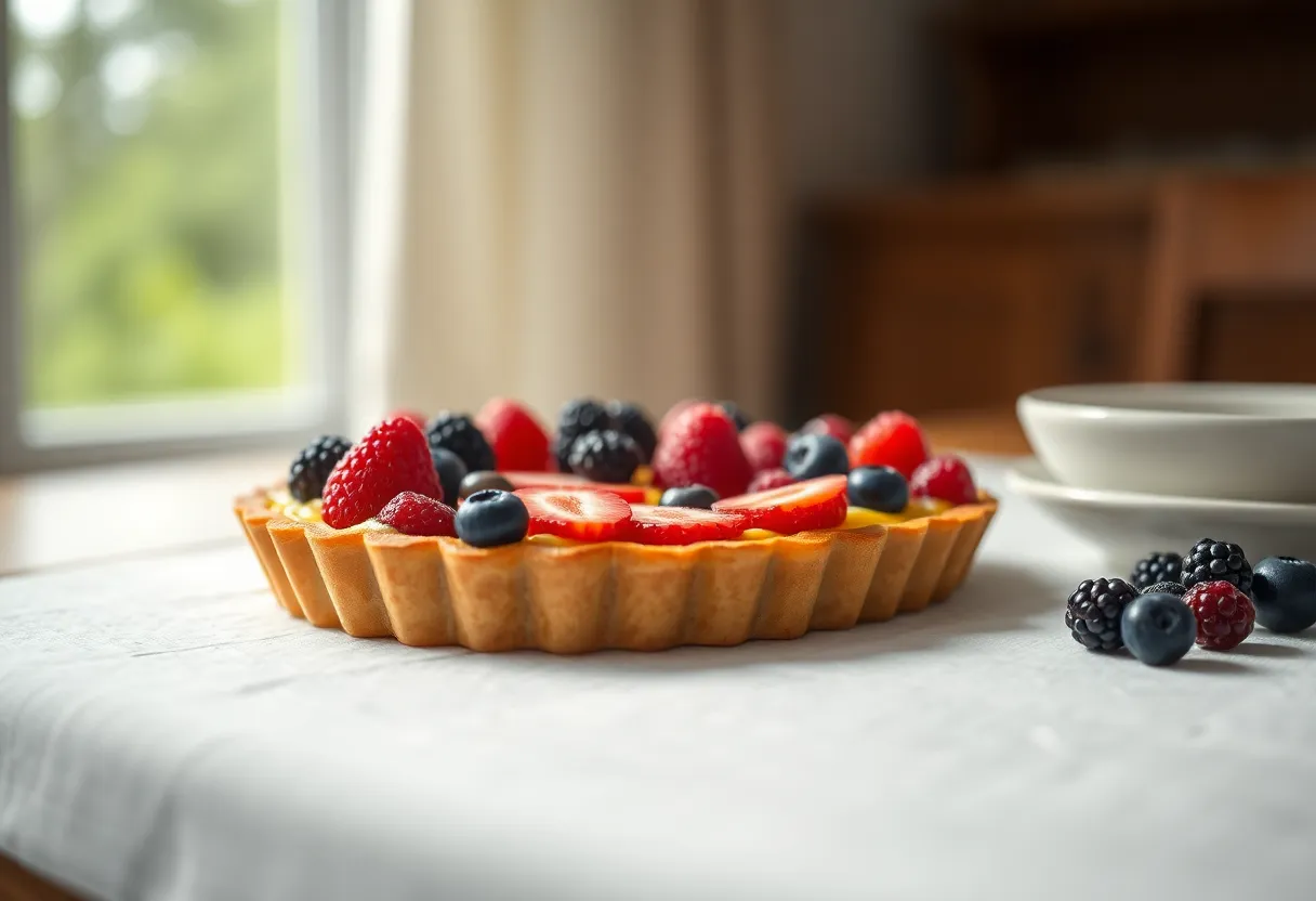 This image showcases a beautifully vibrant fruit tart, filled with creamy custard and topped with an assortment of fresh, glistening berries. The soft, natural light enhances the tart's colors, creating a delightful contrast against the rustic wooden table. The composition places the tart off-center, inviting the viewer's eye to explore the vivid textures of the flaky crust and juicy toppings. A perfect representation of freshness and indulgence in desserts.