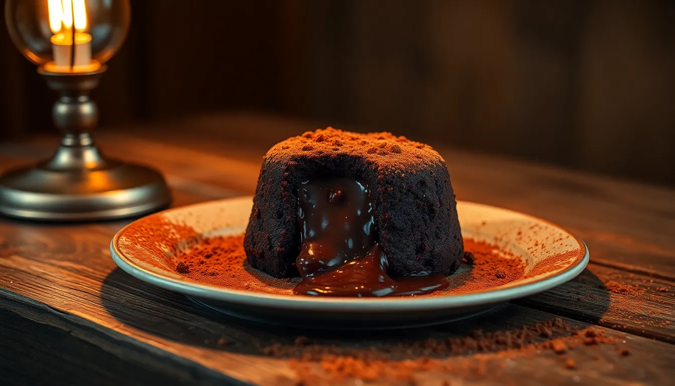 This luscious image showcases a mouth-watering chocolate lava cake, warmly lit by a desk lamp. The rustic wooden table adds character, while the shallow depth of field blurs the background into a soft bokeh, drawing focus to the rich textures of the dessert. The warm, inviting colors evoke comfort and indulgence, perfect for food lovers and dessert enthusiasts.