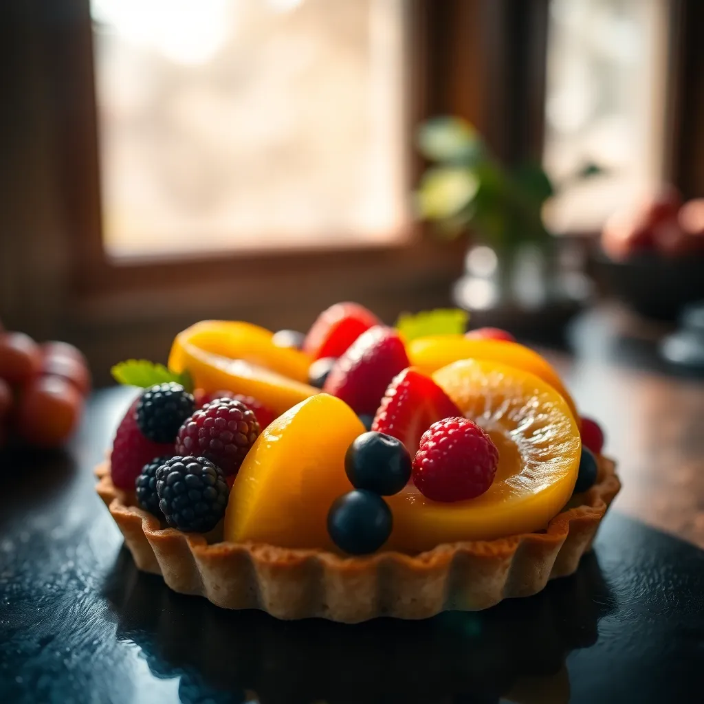 This vibrant close-up image showcases a luscious fruit tart, featuring a colorful assortment of fruits atop a buttery crust. The dazzling sunlight highlights the freshness and natural beauty of the ingredients, while the creamy bokeh background adds depth. This image is perfect for culinary articles, recipe blogs, and dessert lovers seeking inspiration.