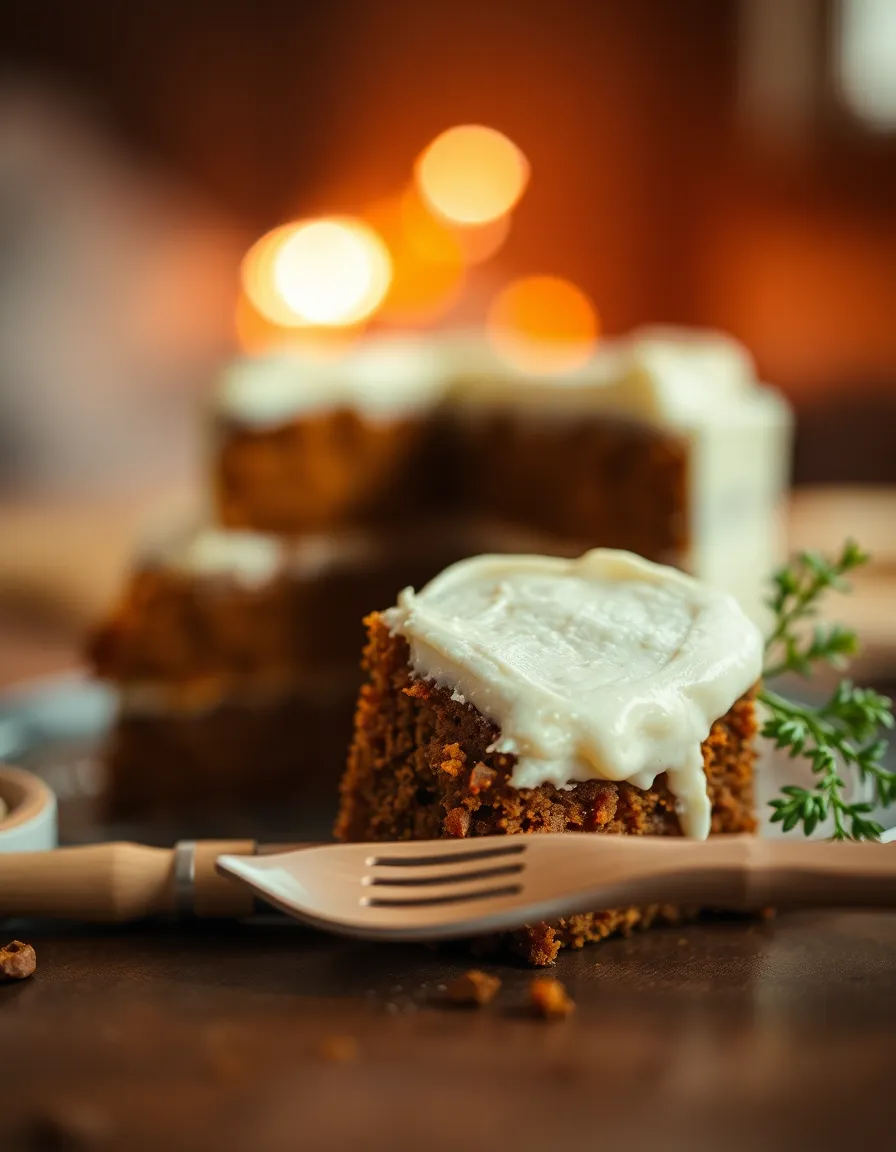 An inviting slice of moist carrot cake layered with sumptuous cream cheese frosting, beautifully presented on a rustic wooden board. The warm tungsten light casts a cozy glow, enhancing the earthy colors of the cake. A rustic wooden fork beside the slice adds an organic touch, while the selective focus invites the viewer to appreciate both the cake's texture and its artistry.