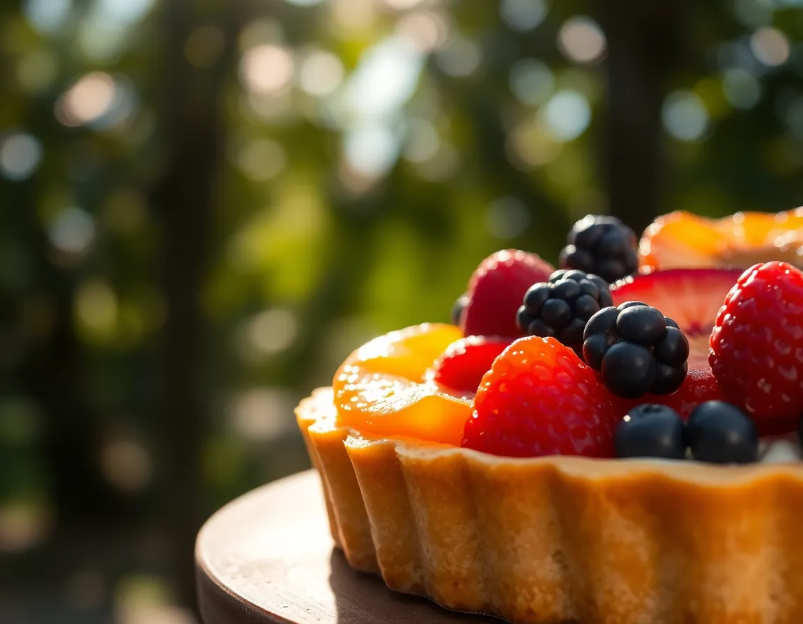 This close-up photograph features a vibrant fruit tart that is bursting with color and freshness. The buttery crust cradles a creamy filling, topped with an artistic arrangement of assorted fruits glistening with morning dew. Captured in dappled sunlight that filters through trees, the soft focus around the tart draws attention to its delicious details, making it an appealing image for dessert menus or culinary blogs.