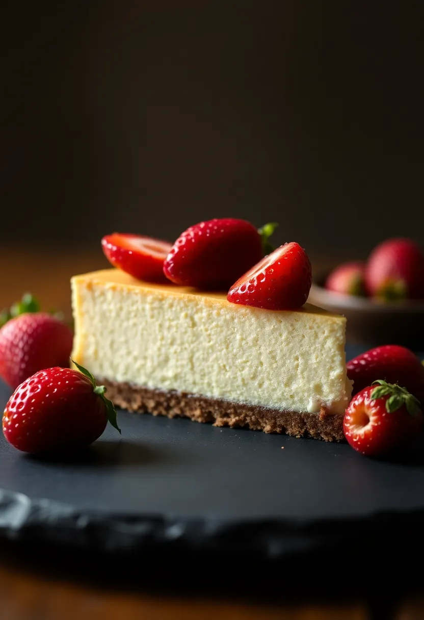 A mouthwatering close-up of a slice of rich cheesecake adorned with glistening fresh strawberries on a textured slate plate. The warm tungsten light illuminates the creamy texture, showcasing the cheesecake’s delicious layers and the shiny surface of the strawberries. Leading lines formed by the plate and fruit draw the viewer's eye directly to the indulgent dessert. This image captures the essence of gourmet dessert appeal, ideal for culinary promotions.