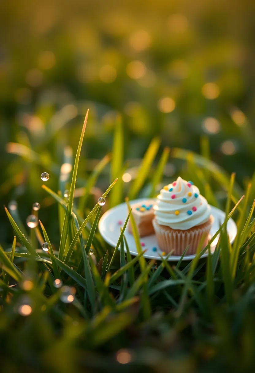 A delightful array of mini cupcakes, each topped with pastel frosting and playful colorful sprinkles, is elegantly arranged on a small plate amidst a grassy field. The morning dew glistens on the blades of grass, adding a touch of freshness to the scene. The tilt-shift effect creates a whimsical representation, with a narrow band of focus drawing attention to the cupcakes. Natural muted tones complement the soft colors of the frosting, enhancing the inviting feel of this sweet outdoor setting.