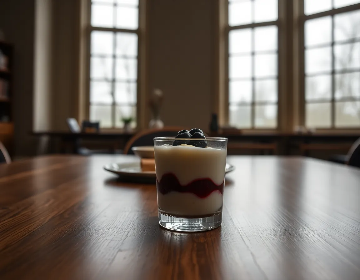A creamy panna cotta sits elegantly in a glass, topped with a vibrant berry compote that brings a burst of color to the scene. The soft, diffused daylight enhances the dessert's smooth texture and subtle sheen while the muted background keeps the focus on the panna cotta. The composition features leading lines of the table surface guiding the viewer's eyes to the dessert. Its delicate appearance and the rich colors of the compote create a refined yet inviting visual.