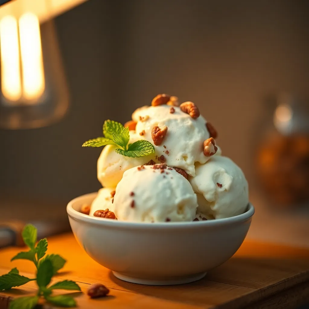 This inviting image features a bowl of artisanal ice cream lovingly topped with nuts and a fresh sprig of mint, set against a softly lit background. The warm glow from a tungsten desk lamp enhances the creamy colors of the ice cream, inviting viewers to indulge in this delightful treat. Shot with a macro lens, the shallow depth of field beautifully isolates the ice cream, emphasizing its rich texture and exquisite presentation. With a composition that captures the essence of comfort food, this dessert is a perfect visual for those seeking cozy indulgence.