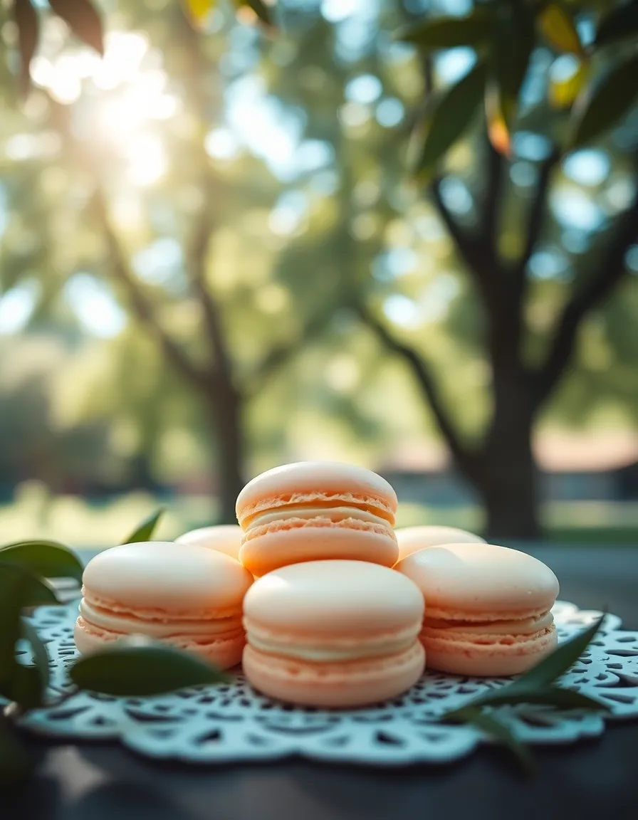 An enchanting image of beautifully arranged macarons displayed on a delicate lace doily, illuminated by dappled sunlight filtering through a lush tree canopy. The pastel colors of the macarons pop against the soft green background, enhanced by a cinematic teal and orange color grading. The shallow depth of field draws the viewer's attention to the exquisite details and creamy textures. This image embodies elegance and refinement, perfect for dessert enthusiasts.