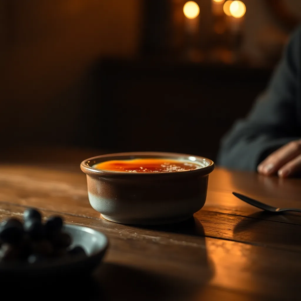 A rich crème brûlée is presented in a rustic ceramic dish, the surface beautifully caramelized to a perfect golden brown. Warm firelight creates a cozy, intimate atmosphere, enhancing the dessert’s rich texture. The centered composition focuses attention on the dish, inviting viewers to appreciate the delicate art of dessert crafting and flavor.