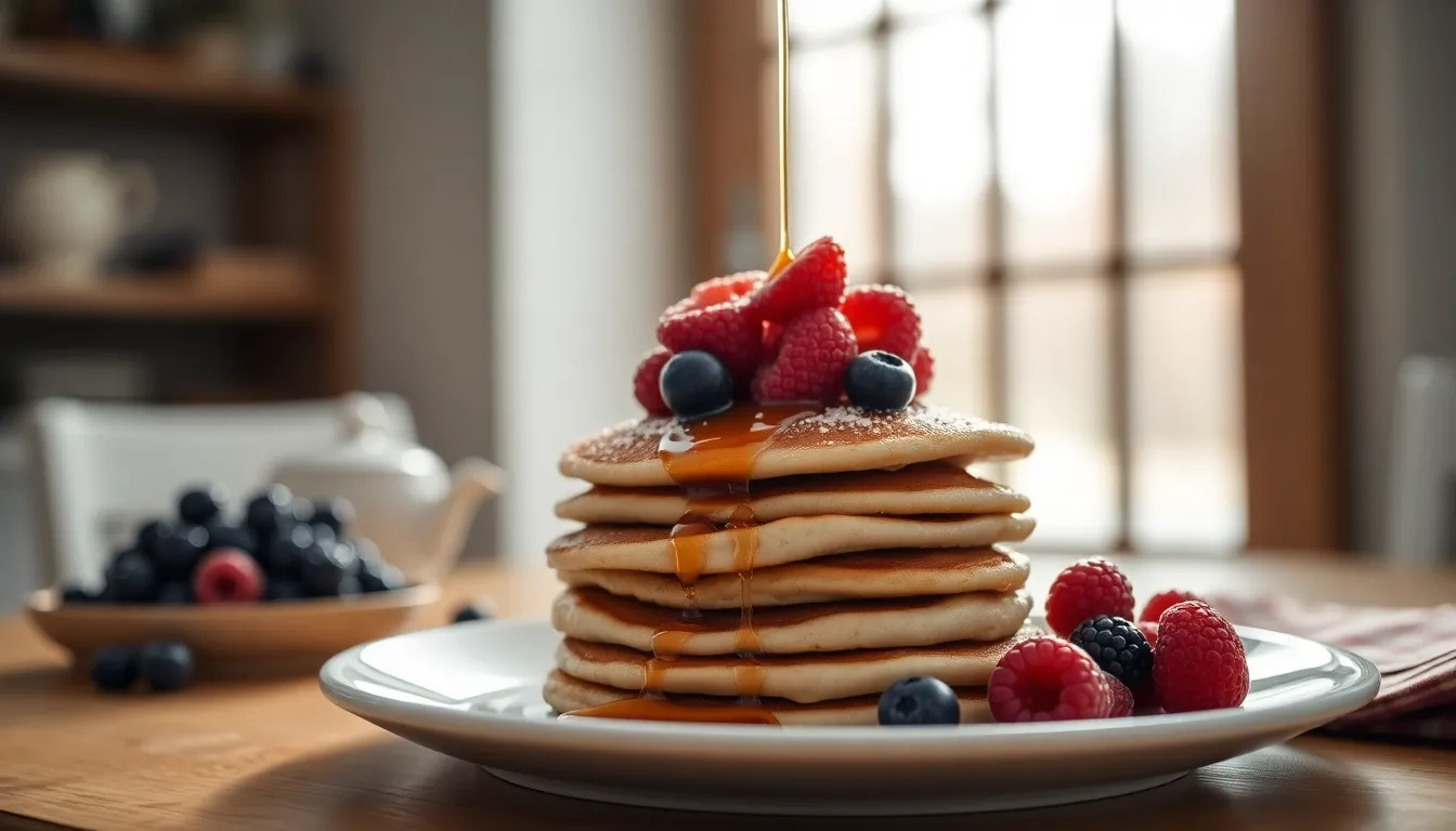 Fluffy Pancakes with Fresh Berries and Maple Syrup