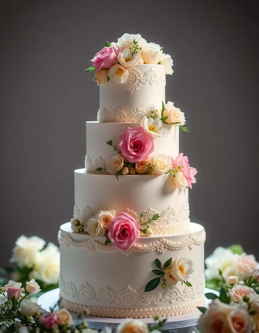 This stunning image features a beautifully crafted tiered wedding cake, artfully decorated with fresh flowers and intricate lace piping. Captured in a studio setting, the soft lighting accentuates the cake's elegant design and pristine colors, while the smooth texture of the fondant catches the light beautifully. The sharp focus on the cake emphasizes the fine details, making it a perfect centerpiece for any wedding-related content. The delicate pastel shades and sophisticated styling create an inviting atmosphere, making this dessert an ideal subject for premium food photography.