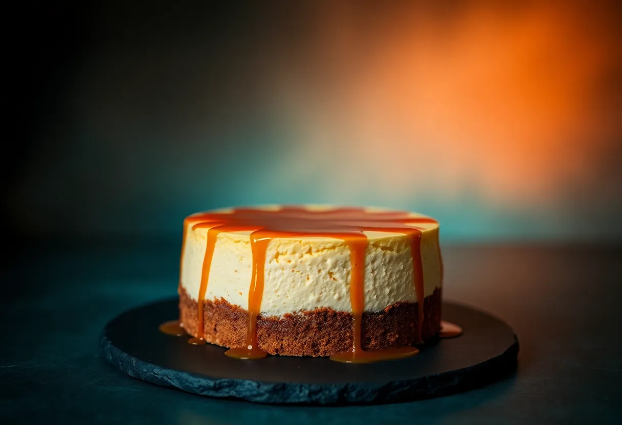 This elegant image features a decadent cheesecake drizzled with luscious caramel on a slate plate, showcasing an impressive array of textures. The three-point lighting setup highlights the glossiness of the caramel and the creamy cheesecake texture, creating a luxurious atmosphere. With a cinematic teal and orange color grading, this scene is perfect for dessert cafes and high-end bakery advertising, drawing the viewer's attention immediately.