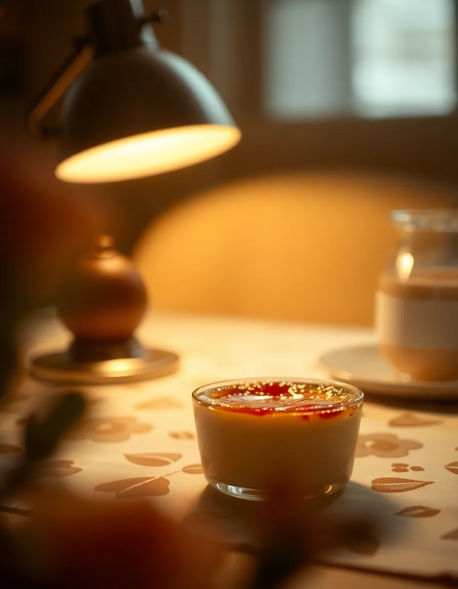 Luxurious Crème Brûlée with Elegant Table Setting This luxurious crème brûlée takes center stage on an elegantly set table, illuminated by the warm glow of a tungsten lamp. The perfectly caramelized sugar crust contrasts beautifully with the creamy texture of the dessert beneath. The muted tones of the setting create a cozy and inviting atmosphere, showcasing the delicate craftsmanship of this exquisite dish, perfect for romantic dinners or special occasions.
