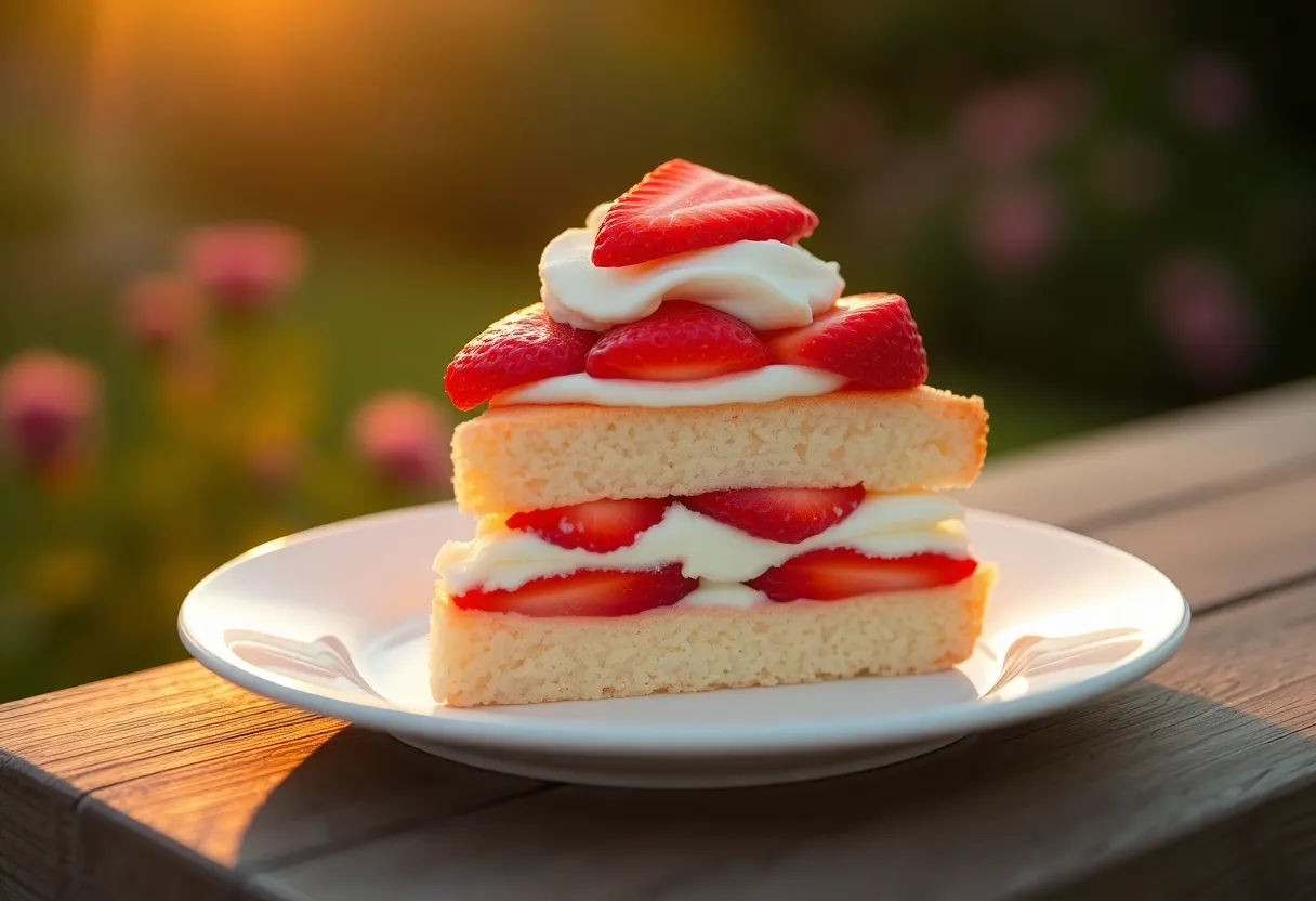 This captivating image captures a slice of strawberry shortcake against a blurred garden backdrop, illuminated by the warm glow of golden hour light. The slice features fluffy sponge layers accented with rich whipped cream and bright strawberries, creating a refreshing summer dessert feel. The sharp focus on the cake contrasts beautifully with the soft bokeh of the garden, inviting viewers to indulge in this delicious treat. Captured with a Nikon Z9, the composition is balanced and inviting, making it a perfect representation of seasonal desserts.
