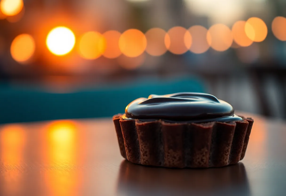 Gourmet Chocolate Tart at Golden Hour A stunning gourmet chocolate tart, illuminated by warm golden hour light that creates a beautiful rim effect. The focus sharpens on the glossy surface of the tart, while the background dissolves into a painterly bokeh. The composition utilizes leading lines from the table, creating a dynamic visual flow towards the dessert. Ideal for luxury food brands or high-end culinary publications.