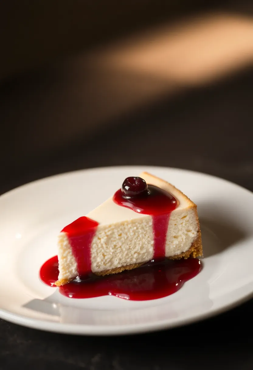 This enticing image showcases a sumptuous slice of cheesecake drizzled with a vibrant berry compote. The dramatic lighting highlights the rich textures and colors, while the leading lines of the compote lead the viewer's eye. Ideal for dessert marketing or culinary blogs, this image captures the elegance and indulgence of a classic dessert.