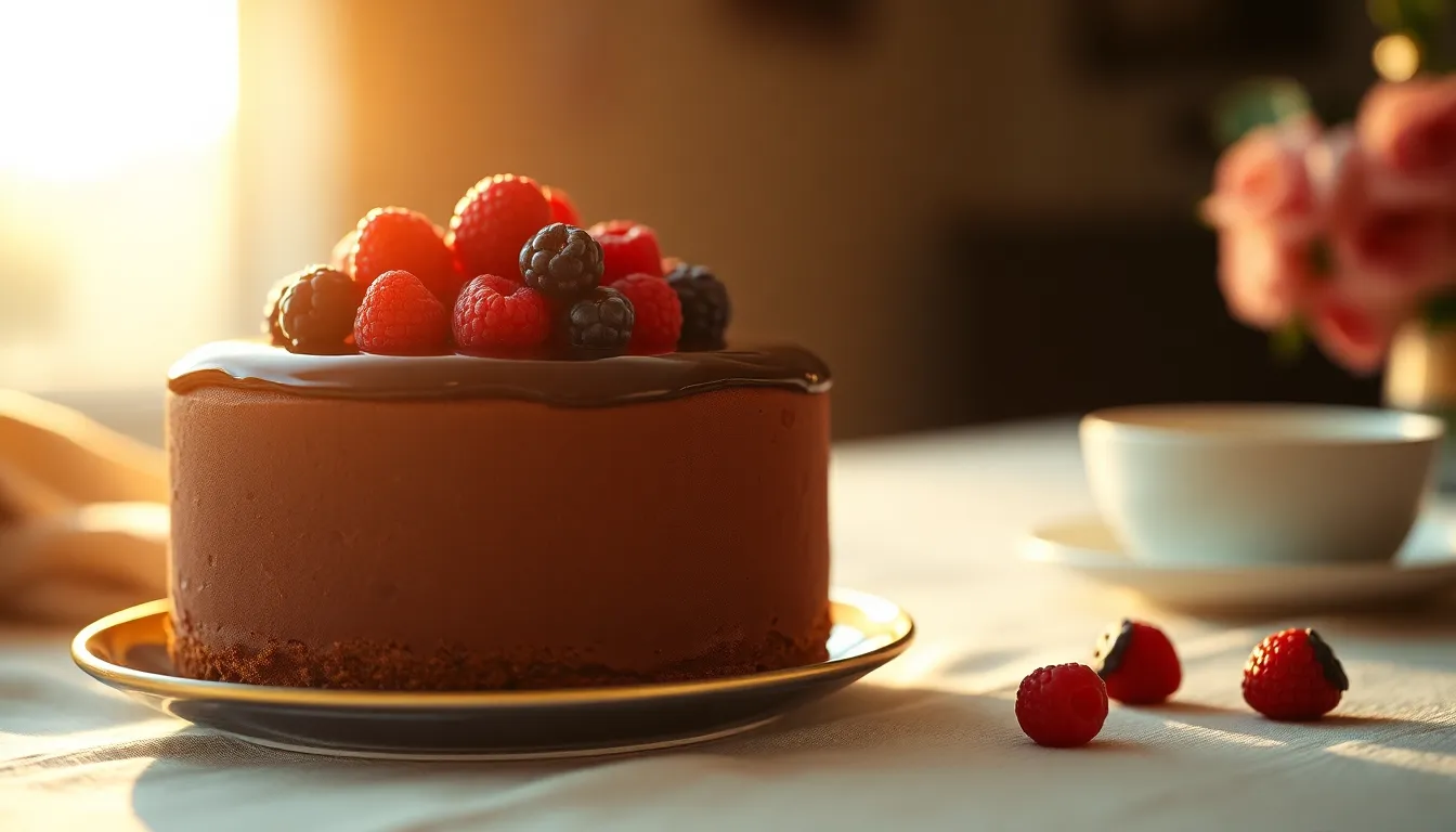 A stunning close-up of a luscious chocolate mousse cake topped with vibrant strawberries and blueberries, elegantly placed on a textured linen tablecloth. The golden hour sunlight illuminates the glossy ganache, creating a warm, inviting atmosphere. The background features a soft bokeh that beautifully melts away, allowing the cake to be the star of the scene, with rich, warm tones enhancing its appeal.