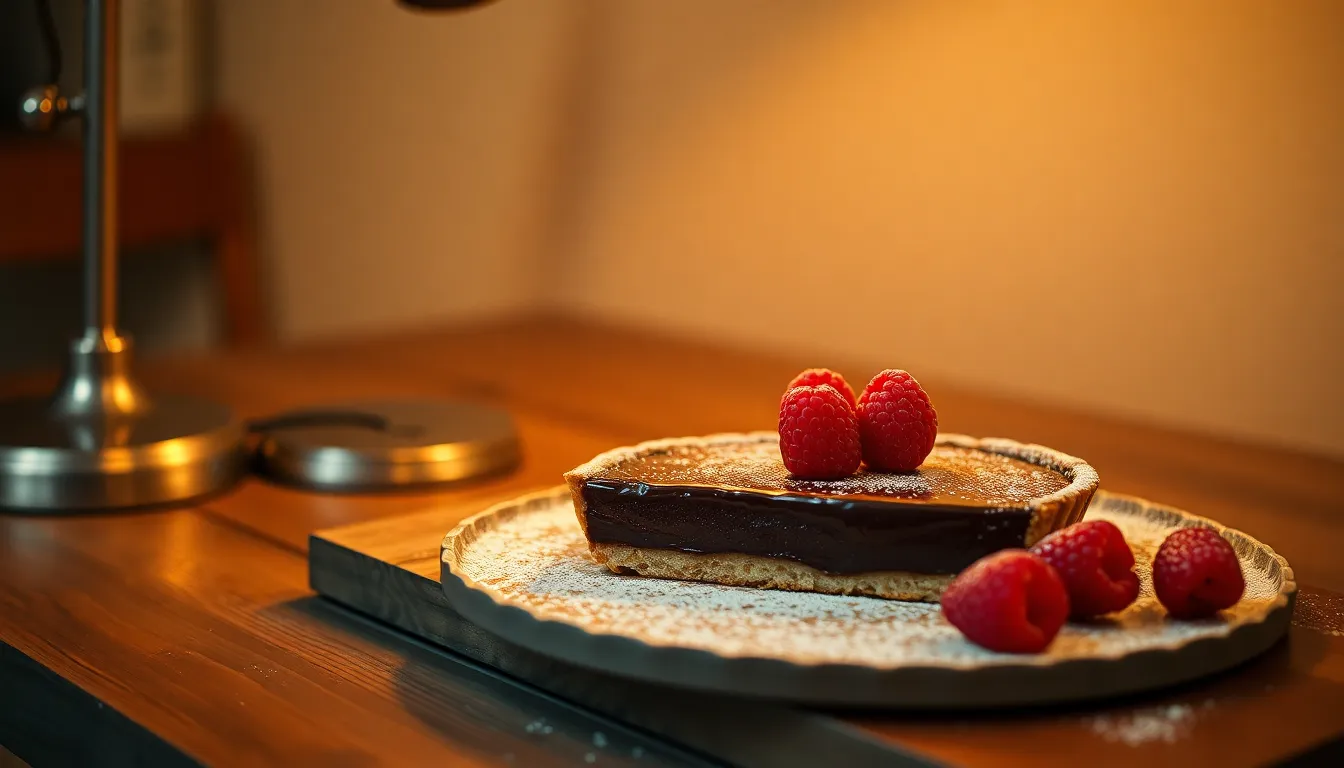 Indulge in a decadent chocolate ganache tart, beautifully positioned on a rustic wooden table. The tart is adorned with a dusting of cocoa powder and vibrant fresh raspberries. Warm, directional lighting creates inviting shadows, enhancing the rich textures of the chocolate. The composition draws the eye, creating a mouth-watering focal point perfect for dessert lovers.