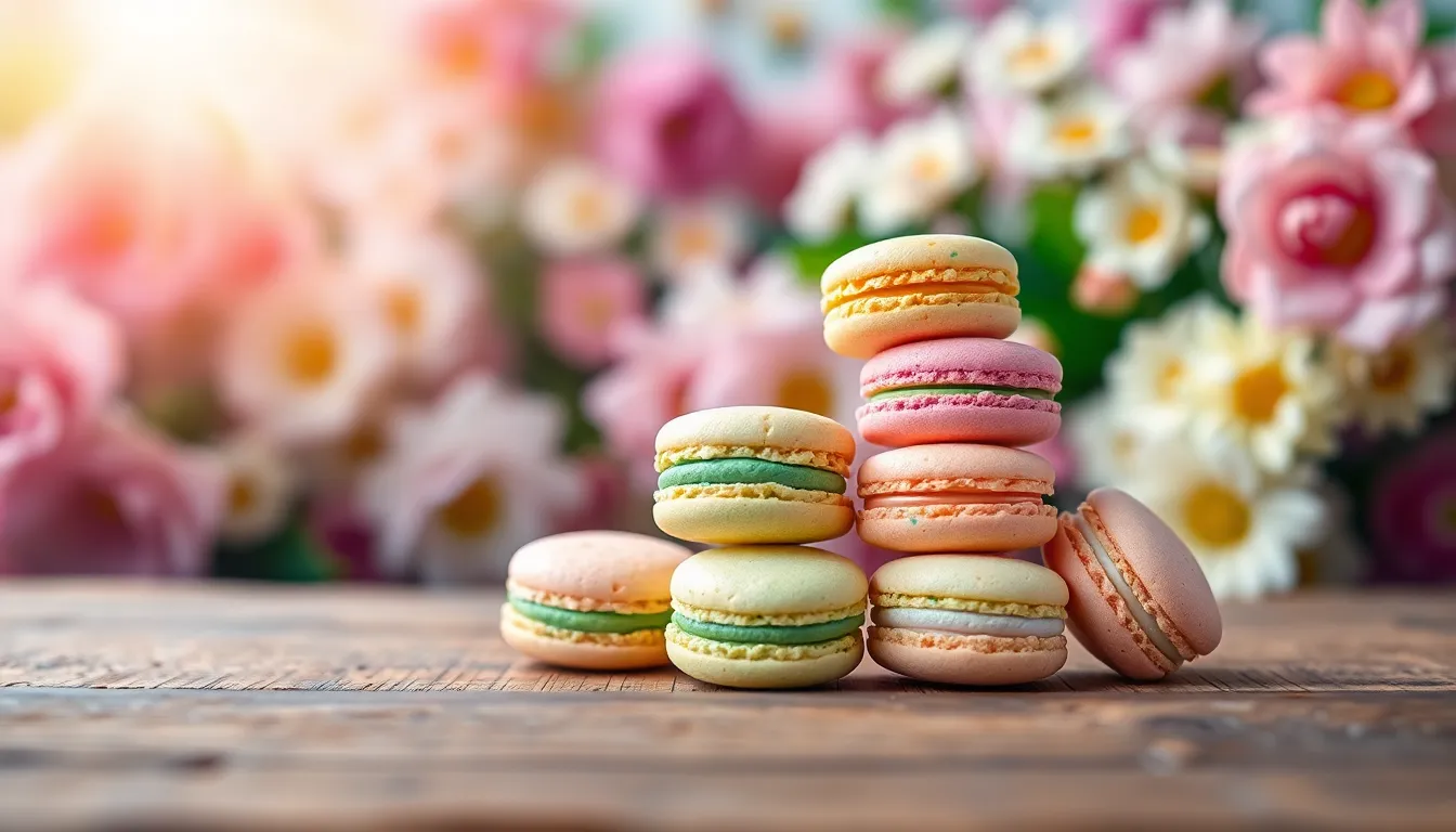 Delight in this vibrant display of macarons stacked on a textured wooden table, bathed in warm sunlight. The assortment features pastel colors ranging from soft pinks to greens, creating a visually appealing contrast. With delicate textures and a blurred floral background, the image evokes a sense of playfulness and charm perfect for dessert lovers. This composition captures the essence of French patisserie artistry in an inviting outdoor setting.