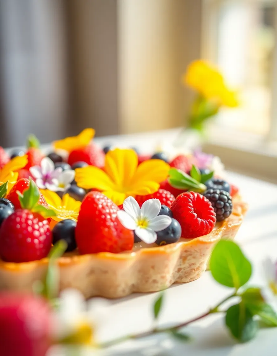 Experience the explosion of colors in this close-up of a fresh fruit tart embellished with vibrant berries and delicate edible flowers. Bathed in soft, natural light, the glossy finish of the fruits creates a refreshing appearance that pops against the blurred background. This image is a celebration of seasonal flavors and artistry in dessert making, perfect for culinary magazines or social media.