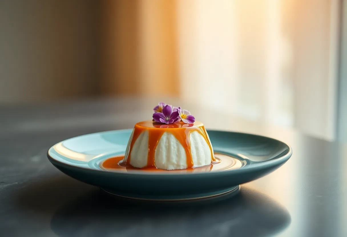 A visually stunning panna cotta garnished with a rich caramel drizzle and vibrant edible flowers, elegantly presented on a smooth ceramic plate. Natural window light accentuates the creamy texture of the panna cotta while soft shadows add depth. The cinematic color grading enhances the warmth of the scene, creating an inviting atmosphere that highlights the artistry of this refined dessert.
