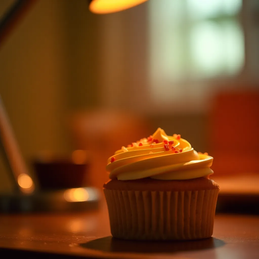 Delicious Cupcake With Colorful Sprinkles A vibrant close-up shot of a delicious cupcake adorned with colorful sprinkles, meticulously placed for a perfect reveal of the creamy frosting. The warm tungsten light casts a cozy glow, highlighting the cupcake's textures. The background features a soft bokeh, enhancing the dessert's visual allure. Ideal for dessert enthusiasts or baking blogs, this image captures a moment of indulgence and joy.