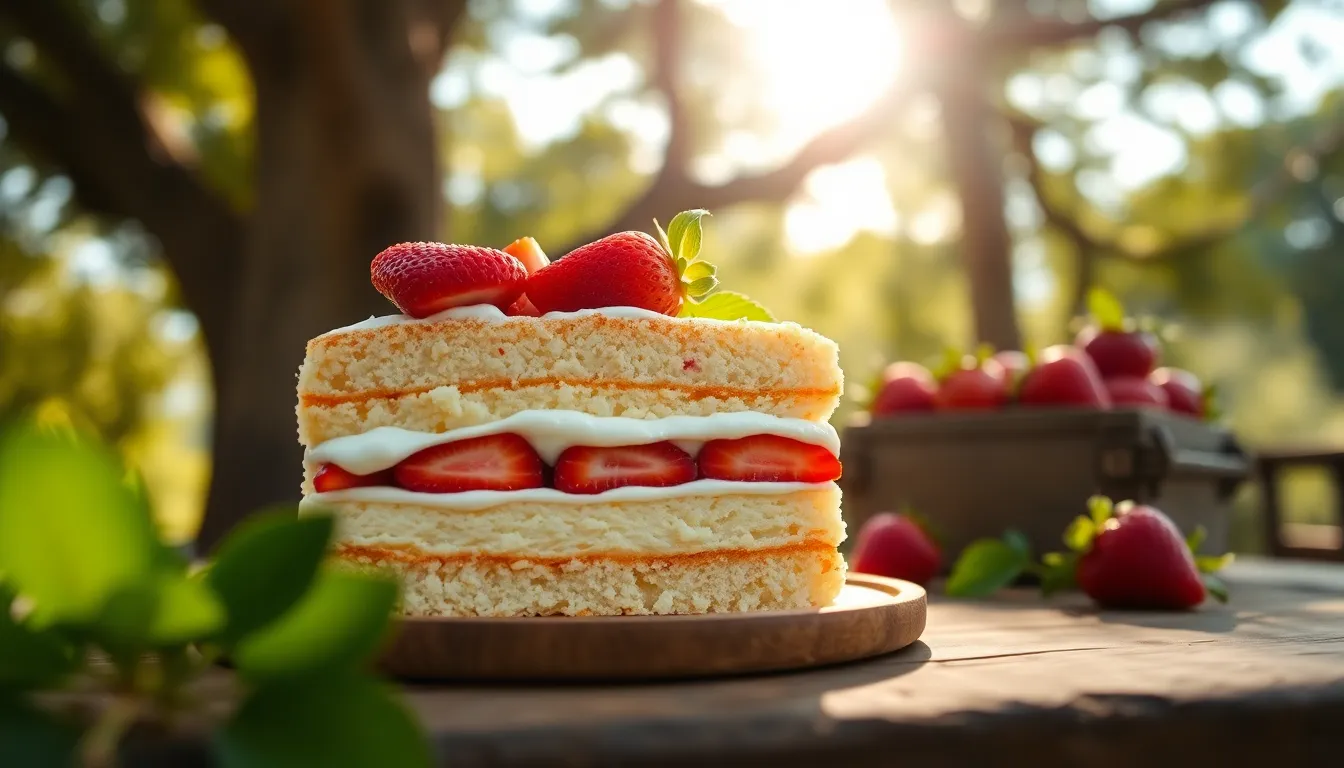 Fresh Strawberry Shortcake Slice on Rustic Table