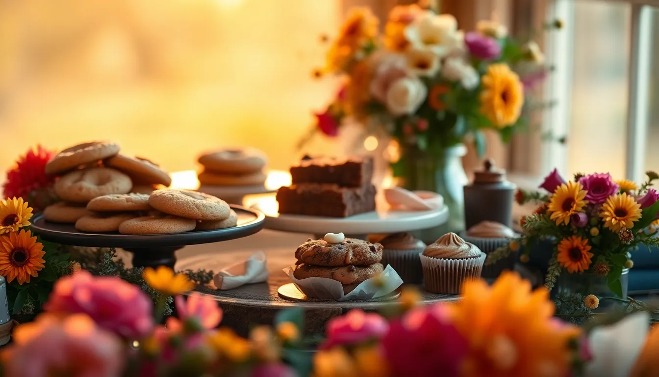 Gather around this inviting rustic dessert table brimming with homemade cookies, brownies, and colorful cupcakes, all beautifully arranged with seasonal flowers. Bathed in the warm glow of golden hour, the setup exudes a cozy and welcoming ambiance. The vibrant colors and textures of the treats invite indulgence, making it perfect for family gatherings or festive occasions, ideal for lifestyle blogs and culinary publications.