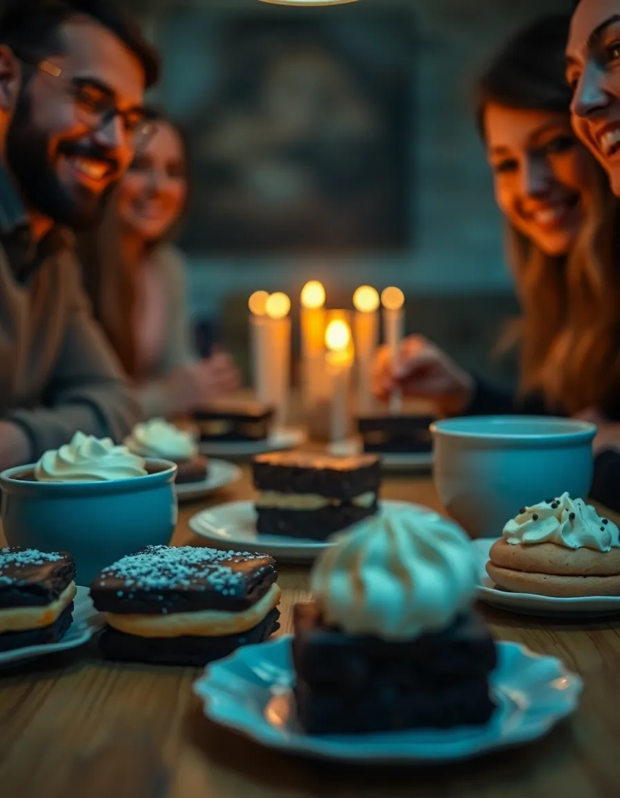 Cozy Gathering with Decadent Desserts This image captures a warm and inviting gathering of friends enjoying an array of decadent desserts, including luscious brownies and elegant éclairs. Soft firelight adds cozy warmth, casting gentle shadows and enhancing the textures of the desserts. The shallow depth of field focuses on the delightful treats, while the soft bokeh of friends laughing in the background creates a sense of intimacy and joy. This scene evokes a feeling of cherished moments and shared indulgence.