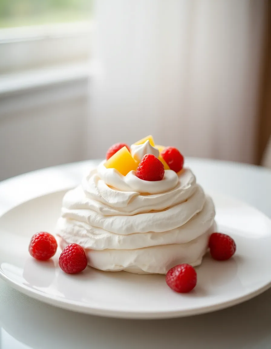 This beautiful image captures a delicate pavlova adorned with a variety of fresh fruits and whipped cream. The soft, natural lighting enhances the pastel colors, creating a light and airy feel. The focus on the dessert's intricate textures invites viewers to indulge in its sweetness, making it an ideal image for culinary publications and dessert menus.
