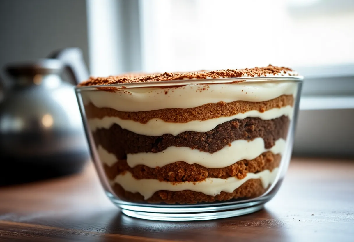 This classic image features a traditional tiramisu elegantly presented in a glass dish, showcasing its creamy layers and cocoa dusting. The soft, natural lighting creates an inviting mood, while the rich browns and whites reinforce its Italian heritage. Perfect for dessert menus or food blogs, this image invites viewers to indulge in a timeless delicacy.