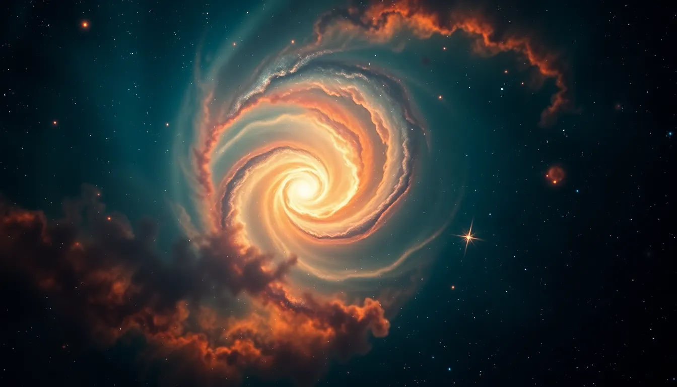 This abstract digital background showcases a mesmerizing swirling nebula set against the starry expanse of space. Illuminated by distant starlight, the nebula emits a mystical glow that captivates the viewer. Employing a cinematic teal and orange color palette, the scene evokes a sense of otherworldliness. The selective focus on the nebula's core emphasizes its intricate details, making it perfect for sci-fi and fantasy-themed projects.