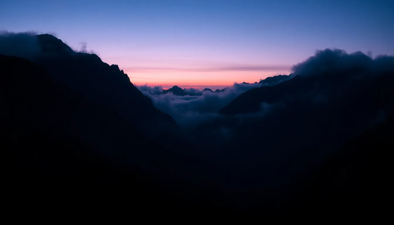This atmospheric digital background presents a captivating view of dark misty mountains set against a twilight sky. The deep navy blues and muted purples evoke a sense of mystery and drama, while silver highlights suggest the fading light. The sharp details of the mountain textures stand out beautifully, drawing the eye through the landscape. Ideal for backgrounds in creative projects that require an element of intrigue or depth, this image captures the essence of nature's beauty.