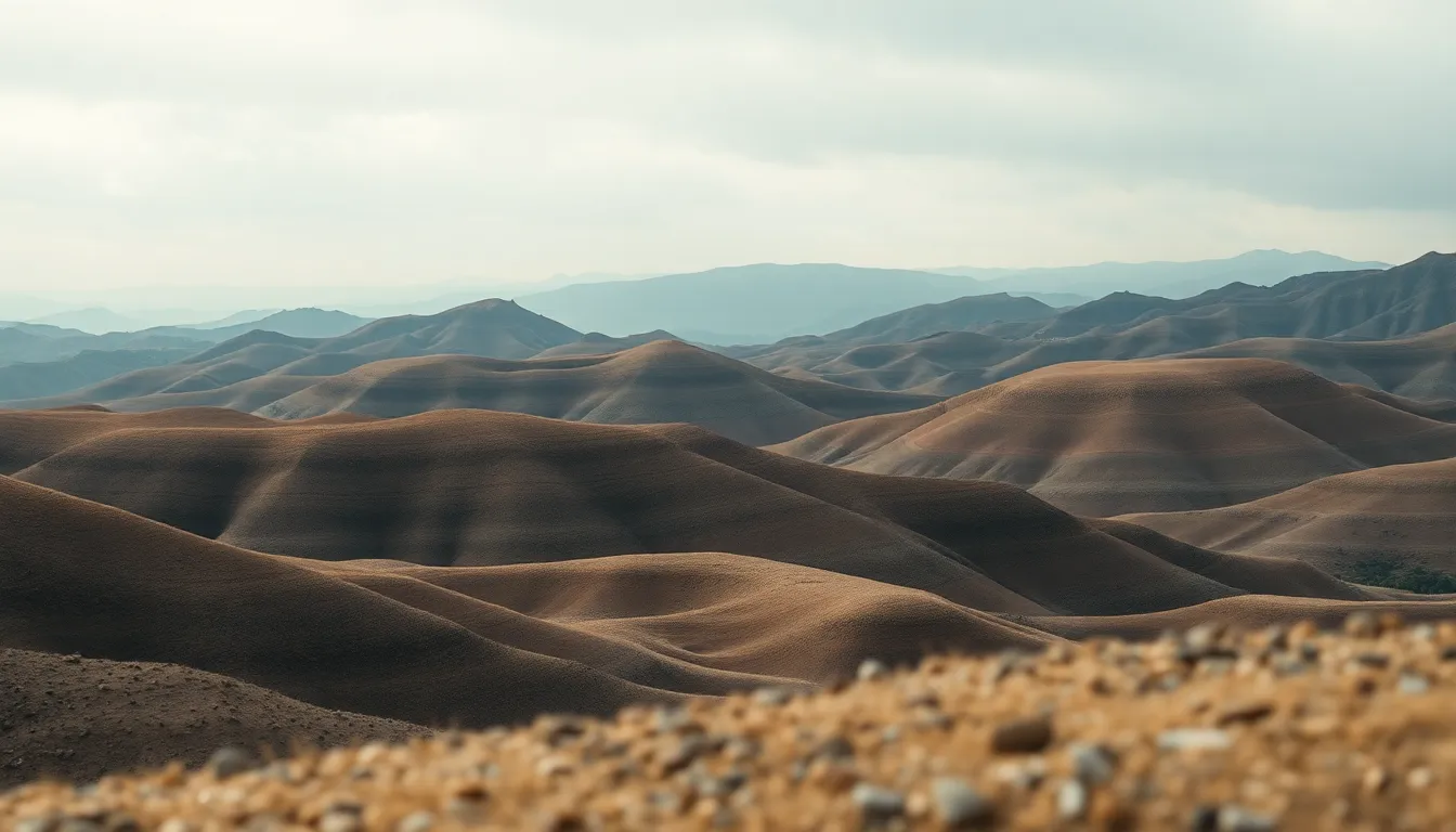 This digital background features a beautifully textured landscape with layered hills that create a sense of depth and perspective. The soft, diffused lighting from an overcast setting enhances the natural tones, giving it a serene ambiance. With a shallow depth of field, the background layers gently blur into a soft focus, allowing the foreground textures to stand out. This scene is perfect for nature-themed digital designs.