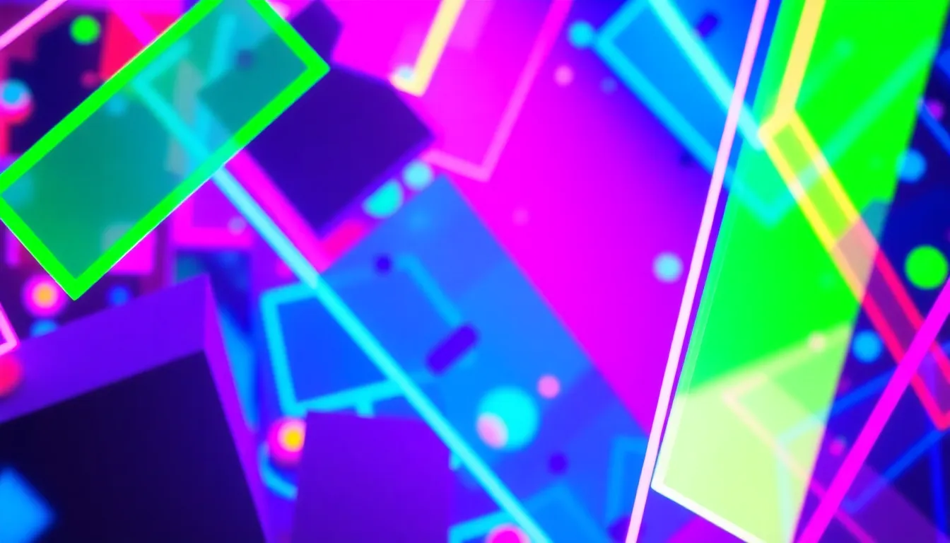 This electrifying digital background showcases a striking array of geometric shapes illuminated by a neon glow. The bright greens, deep purples, and electric blues evoke a sense of high energy and a futuristic feel. The intricate layering and dynamic diagonal lines create an engaging visual path, making it a perfect fit for technology-themed designs. This digital artwork is ideal for backgrounds in presentations, marketing materials, or any creative project needing a modern edge.