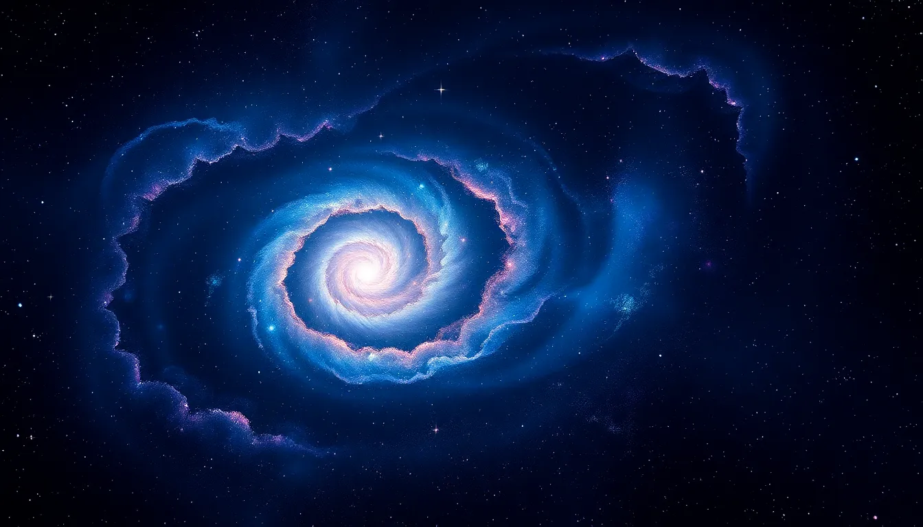 This stunning digital image portrays a cosmic scene filled with swirling galaxies and twinkling stars. The soft glow and stark contrasts create a mesmerizing effect, drawing the viewer into the central galaxy's intricate details. The rich color palette of deep blues and purples, combined with the striking textures, evokes a sense of wonder and the mysteries of the universe.