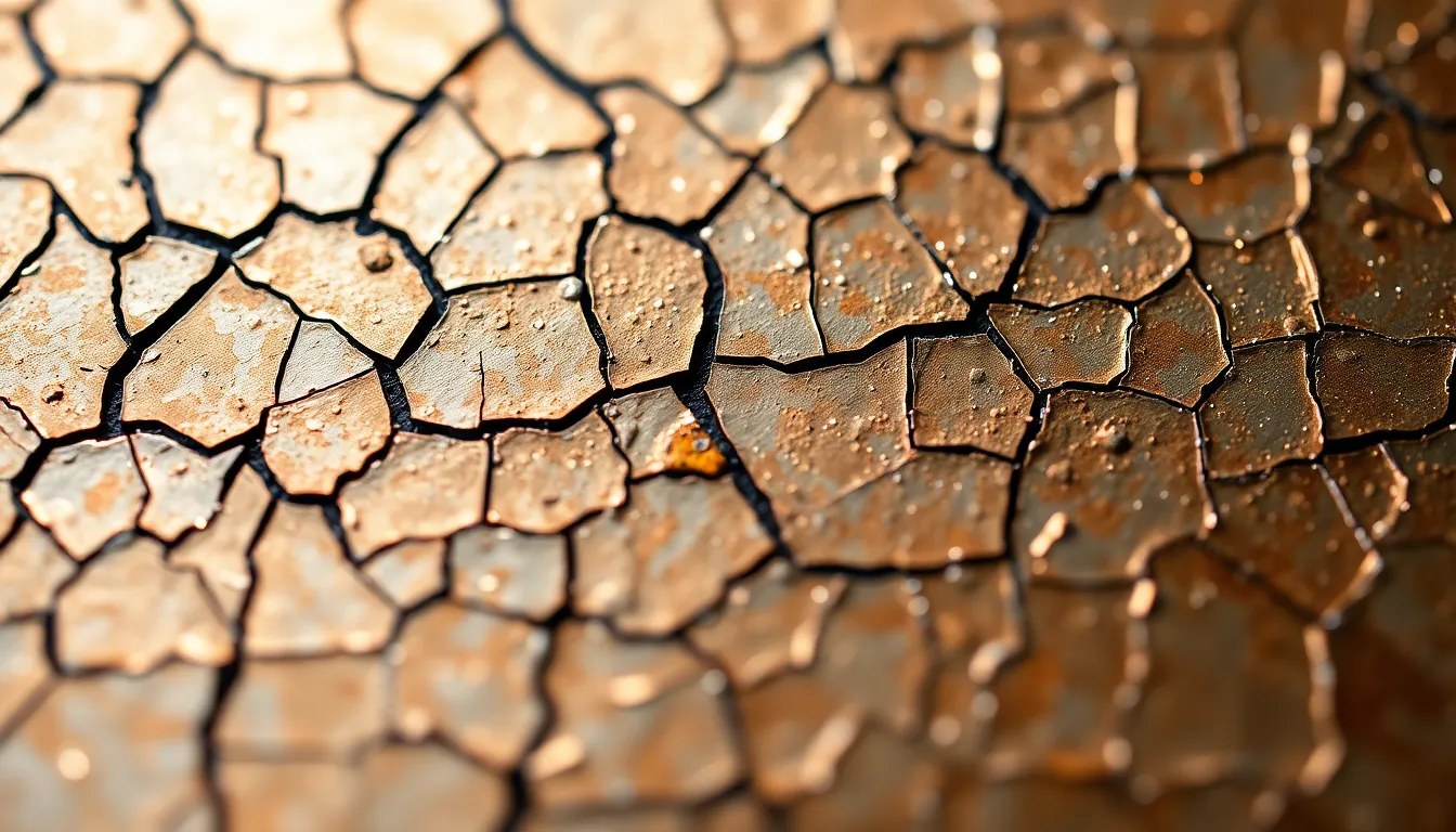 This unique digital background features an intriguing crackled surface that shimmers with metallic tones. The bronze, silver, and rust colors intertwine, creating a visually engaging texture. Soft ambient light enhances the metallic sheen and depth, while a shallow depth of field highlights the intricate patterns. Perfect for use in creative projects that require a touch of sophistication and detail, this image speaks to the beauty found in surface variations.