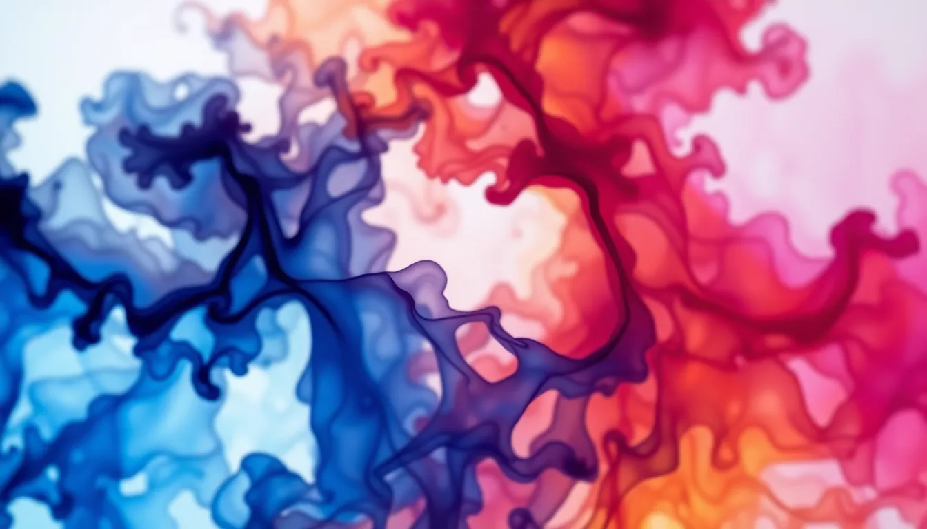 This ethereal digital background showcases stunning bleeding ink patterns that create an organic, flowing effect. Soft backlighting enhances the luminosity of the rich colors, making the ink appear to shimmer. With a shallow depth of field, the detailed patterns are sharp while the background softly blurs, creating an enchanting atmosphere. This design is ideal for artistic and creative projects requiring an abstract touch.