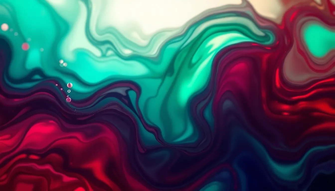 This exquisite digital background presents an organic flow of liquid textures in striking jewel tones. The rich emerald greens, sapphire blues, and ruby reds blend seamlessly to create a luxurious atmosphere. Dramatic backlighting enhances the flowing shapes, while the shallow depth of field adds a captivating bokeh effect. Perfect for high-end presentations or artistic projects, this background invites viewers into a world of elegance and refinement.