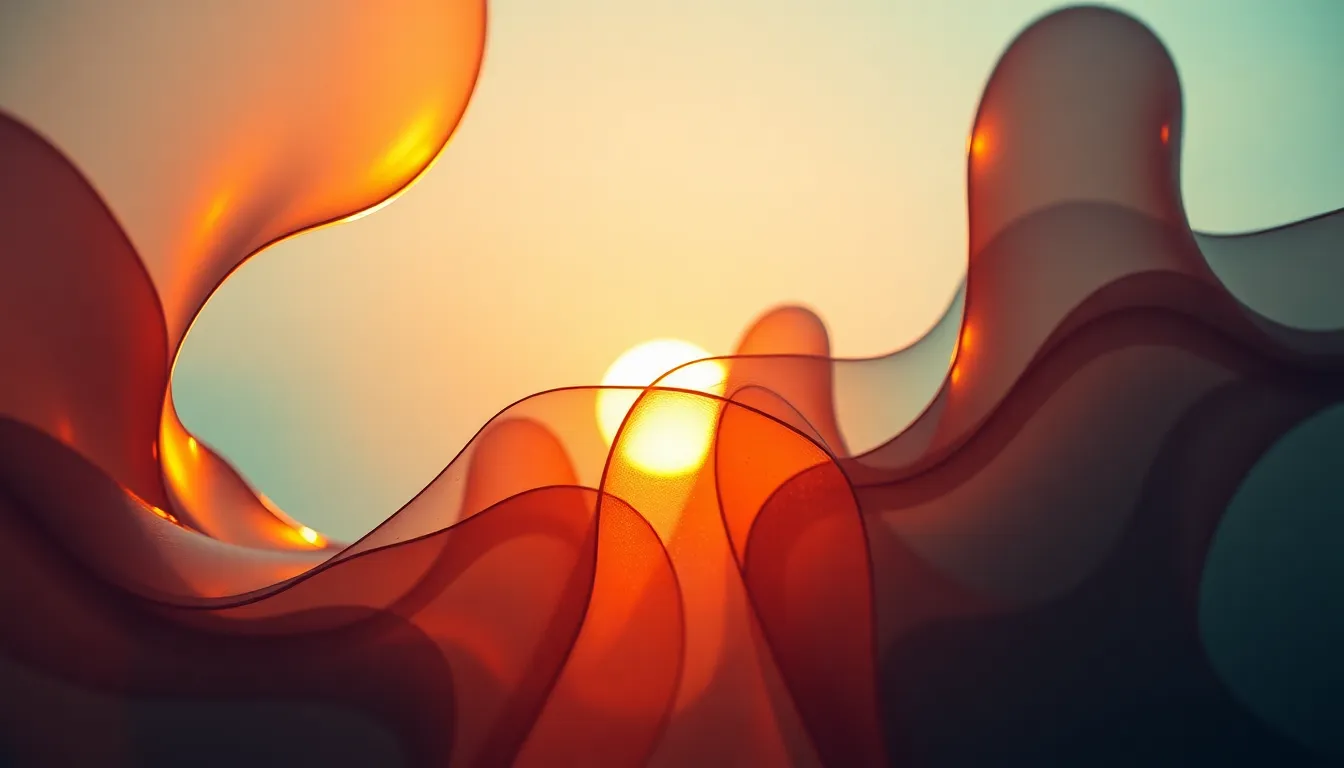 This mesmerizing digital background features an abstract representation of a waterfall, captured during twilight to create a serene atmosphere. The vibrant teal and orange color palette enhances the flow of organic shapes, while soft bokeh blurs the edges, adding depth. The symmetrical composition draws the eye into the center, inviting viewers into a tranquil escape.