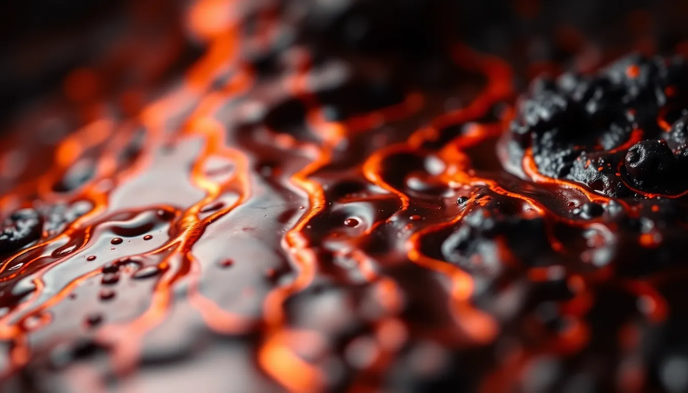 This abstract background showcases a close-up of organic textures reminiscent of flowing molten lava, captured in rich oranges and deep blacks. The warm tungsten lighting enhances the dramatic intensity, while a shallow depth of field isolates the intricate surface details. Centered composition allows viewers to fully appreciate the mesmerizing patterns, making it a striking addition to any digital project.