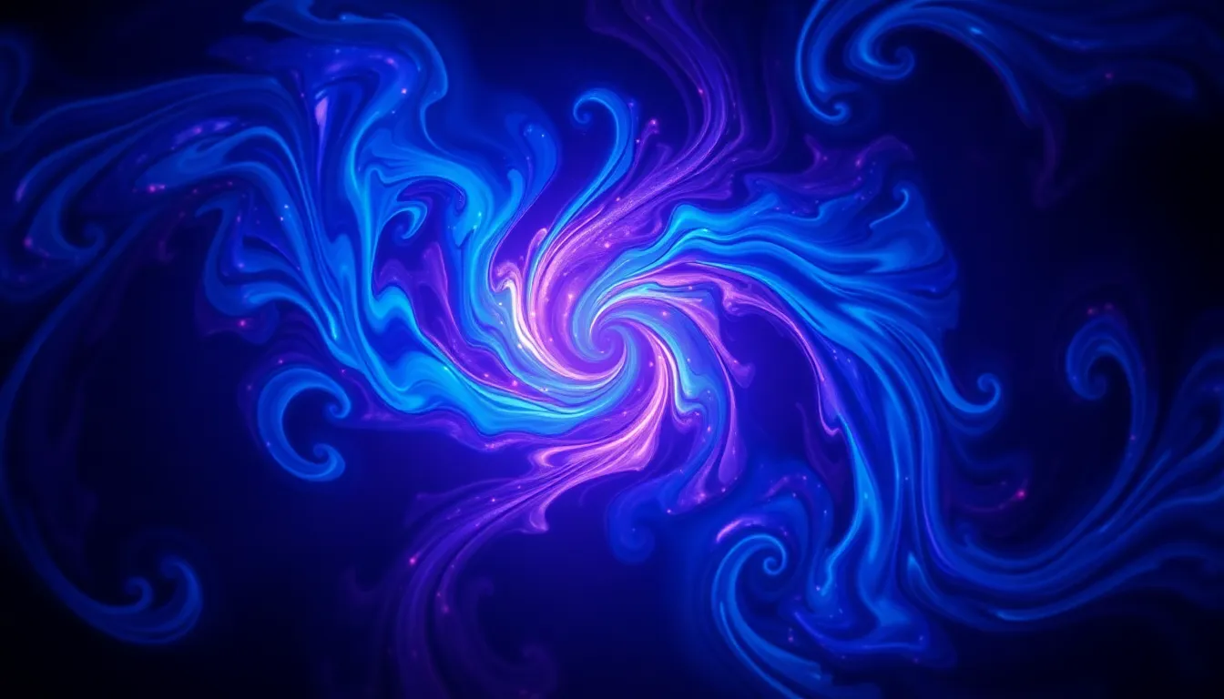 Vibrant Cosmic Swirls in Abstract Background This abstract digital background features vibrant swirling patterns of blue and purple, illuminated by soft, diffused light, resembling cosmic energy. The smooth textures create a magical atmosphere, inviting the viewer into a world of imagination. The centered composition adds a sense of balance, while the shallow depth of field emphasizes the intricate details. Perfect for use in digital projects, this background offers a captivating visual experience.