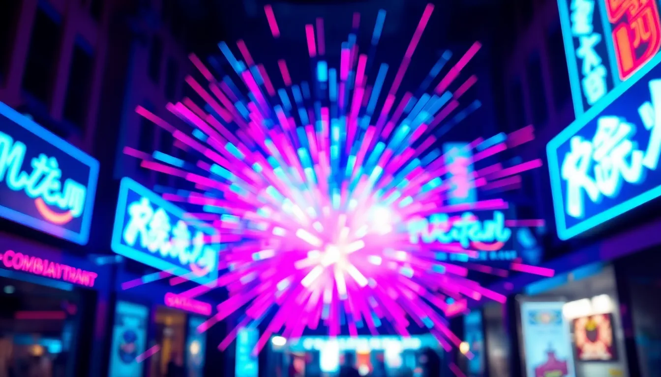 Immerse yourself in this dynamic digital background that captures the essence of a vibrant aurora borealis through colorful light and patterns. Neon blue and magenta tones reflect beautifully against a dark backdrop, producing an energetic and modern atmosphere. The playful composition, characterized by a shallow depth of field, brings focus to the electric explosion of colors, making it an eye-catching addition to any creative space.