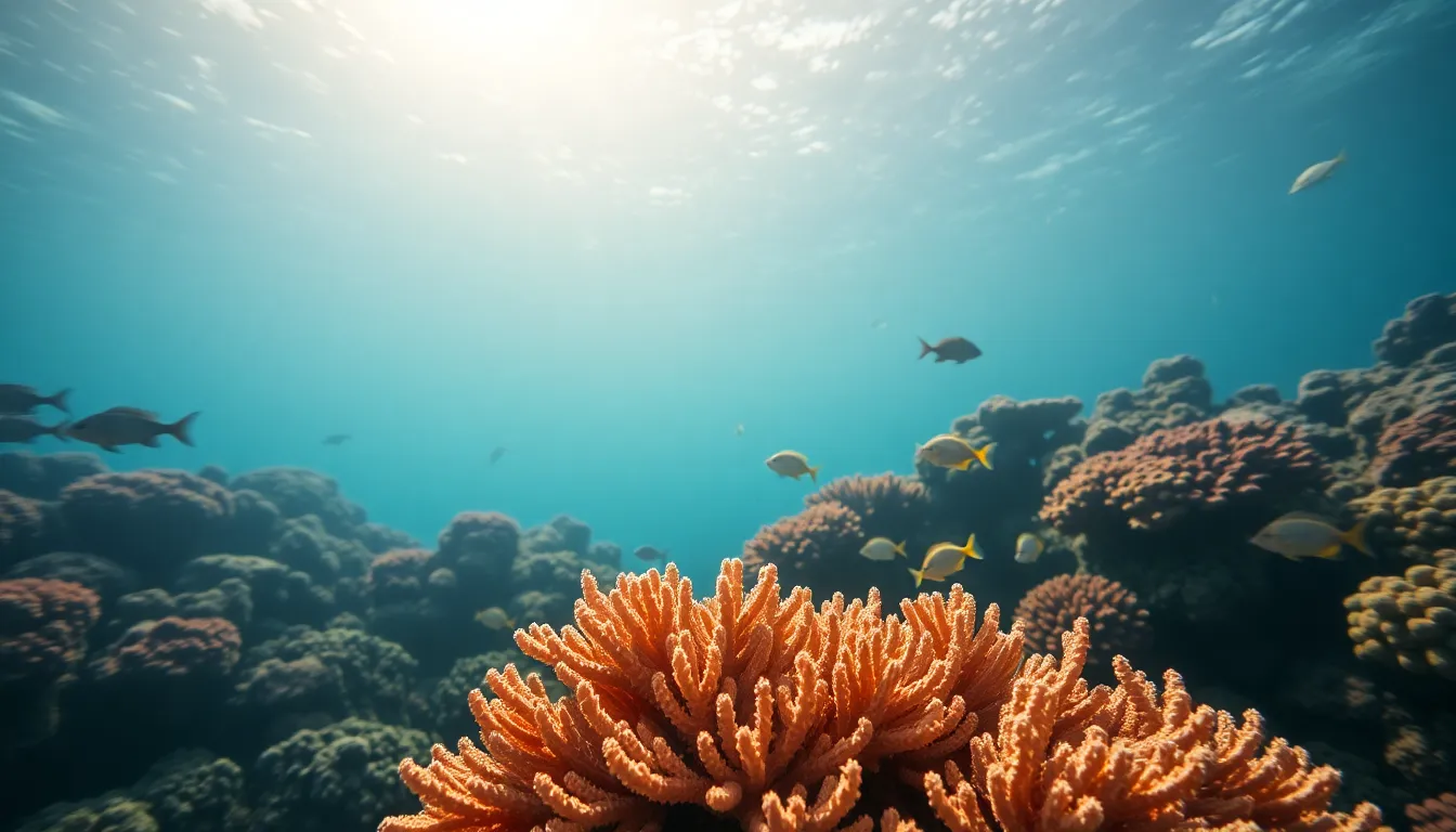 This stunning image captures a vibrant underwater scene, featuring colorful coral reefs and tropical fish swimming gracefully. The soft, diffused sunlight filtering through the water creates a serene ambiance, enhancing the vivid colors of the marine life. With intricate textures visible on the coral and a harmonious color palette, this composition invites exploration of the underwater world. Ideal for digital backgrounds, this artwork embodies the beauty and tranquility of ocean life.