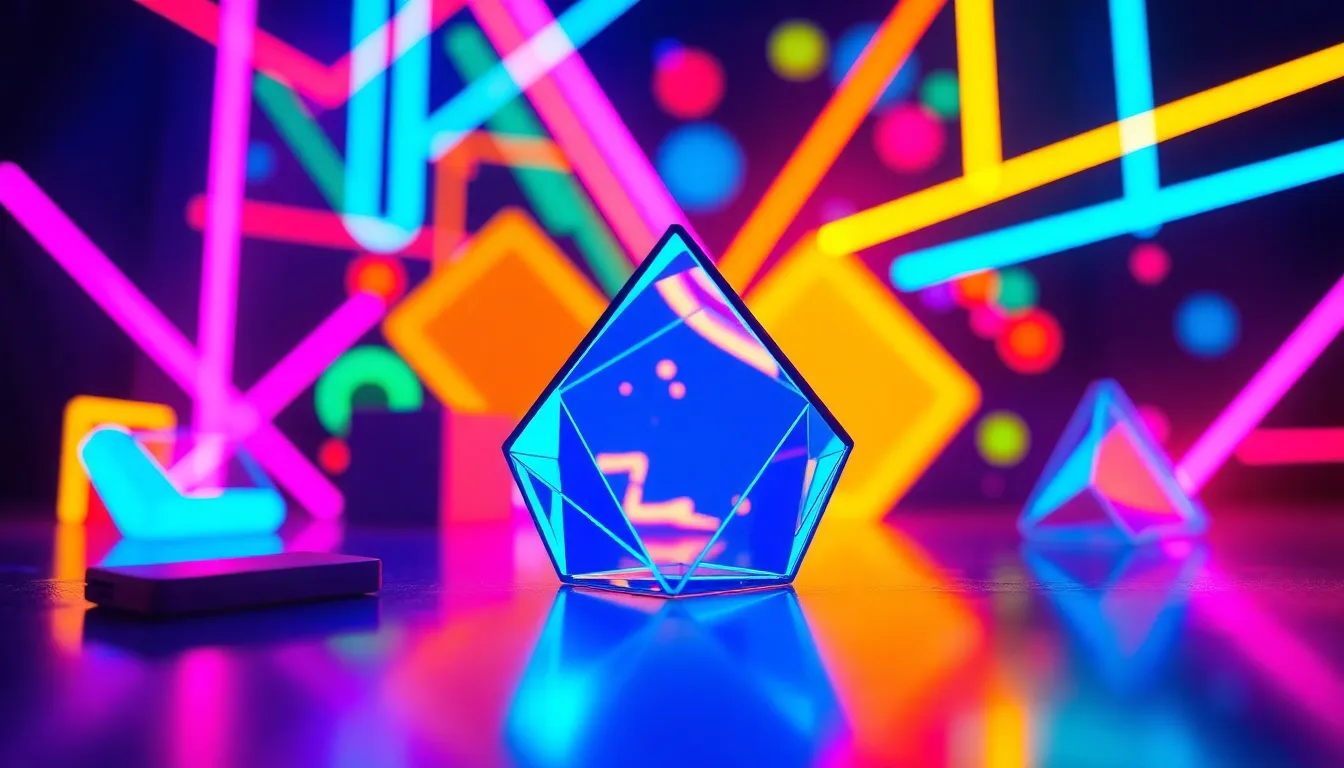 This dynamic digital background bursts with energy through geometric shapes and lines illuminated by striking neon colors. The blacklight creates an electrifying atmosphere, making the shapes pop against the darkness. With a sharp focal point and blurred background, the composition captivates and engages the viewer's attention. Perfect for vibrant projects, this background sets an exciting tone.