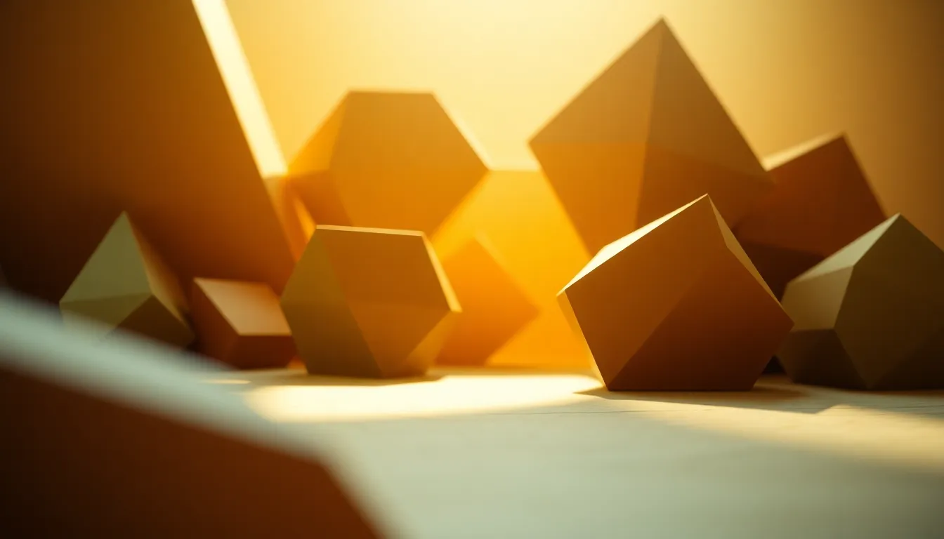 This geometric abstract background features a harmonious array of shapes rendered in soothing earthy tones. The backlighting creates a beautiful glow, highlighting the edges of each element in the composition. With a hyperfocal depth of field, the entire scene remains in sharp focus, enhancing the intricate details. This design is ideal for modern digital projects and backgrounds.