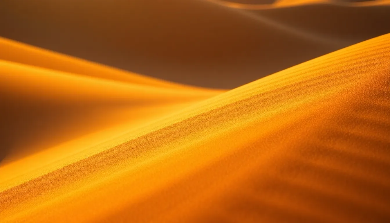 Experience the rich textures of a digital sand dune landscape illuminated by warm backlighting. The image captures vibrant hues inspired by Fujifilm Velvia, showcasing deep browns and sandy yellows. Featuring a dynamic diagonal composition, the captivating forms invite the viewer's gaze to explore the undulating textures, making it perfect for visually striking projects.