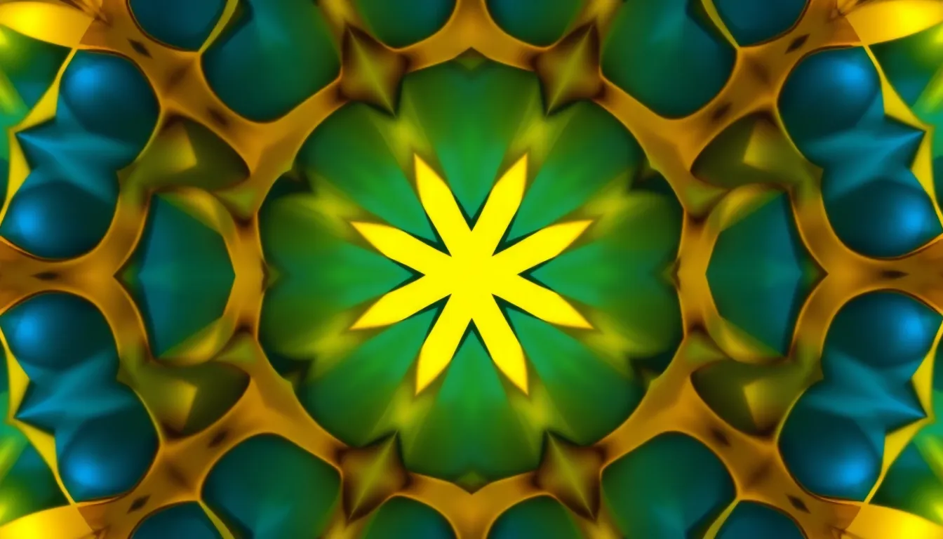 This captivating digital background showcases geometric patterns characterized by symmetry and repetition. Bright LED lighting ensures an even exposure, highlighting the sharp details and glossy surfaces that reflect light beautifully. The cool blue and vibrant yellow color palette creates an energetic yet balanced mood, making it a striking addition to any design project.