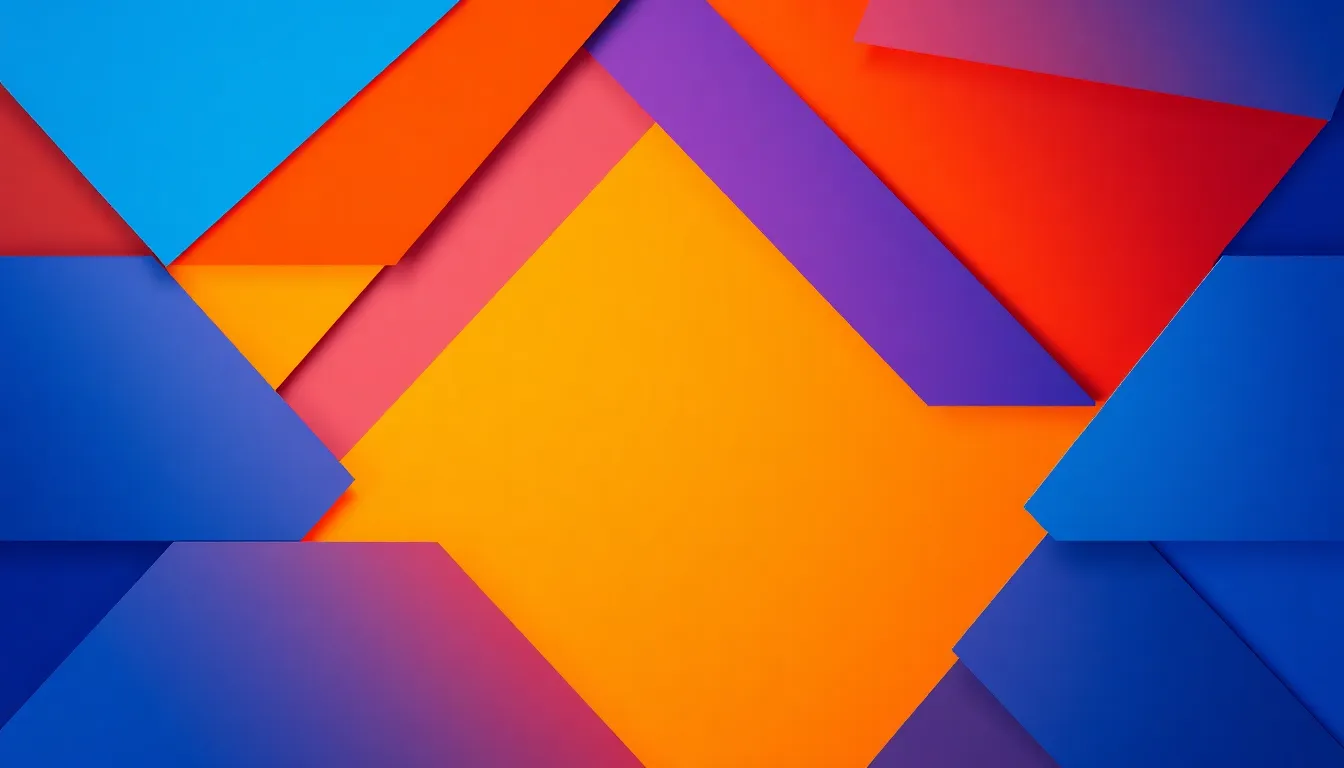 This dynamic digital background features an array of geometric shapes filled with vibrant gradients, set in a grid layout to offer a modern aesthetic. Shot with dramatic side lighting, the edges of the shapes are sharply defined, creating a sense of depth and dimension. The bold color palette, combining blues and oranges, adds energy, making it perfect for tech or design-related projects.