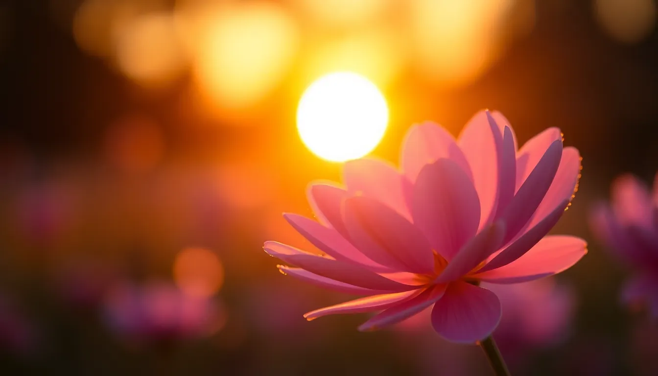 An enchanting abstract background showcasing a floral silhouette against a backdrop of warm pastel colors. The soft backlighting during sunset creates a warm glow, enhancing the organic texture of the composition. Shallow depth of field draws attention to the delicate details, while the harmonious color palette merges peach and lavender tones. This serene background is ideal for conveying a tranquil and natural essence in digital designs.