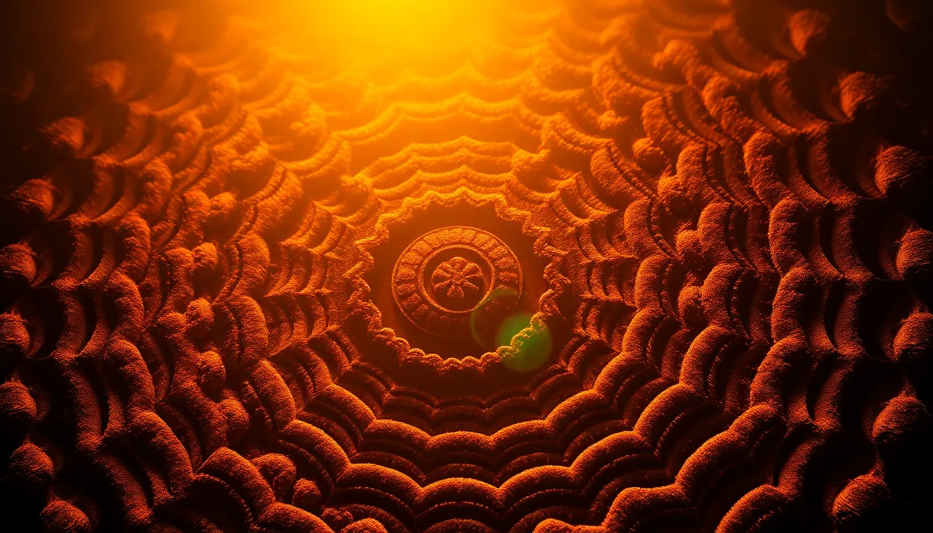 This abstract digital background radiates warmth, featuring a harmonious blend of earth tones and golden hues. The soft golden hour backlighting lends an ethereal glow that enhances the layered textures, reminiscent of natural landscapes. The circular composition creates a focal point that draws attention, making it ideal for artistic digital uses.