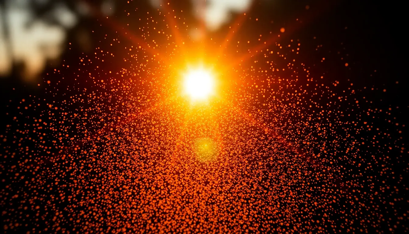 This stunning digital background captures the luminous beauty of particles illuminated by golden hour light. The warm tones inspired by Kodak Portra 400 evoke feelings of warmth and nostalgia. The particles are arranged in a rule of thirds composition, creating a dynamic interplay between light and texture. Perfect for adding elegance to creative projects.